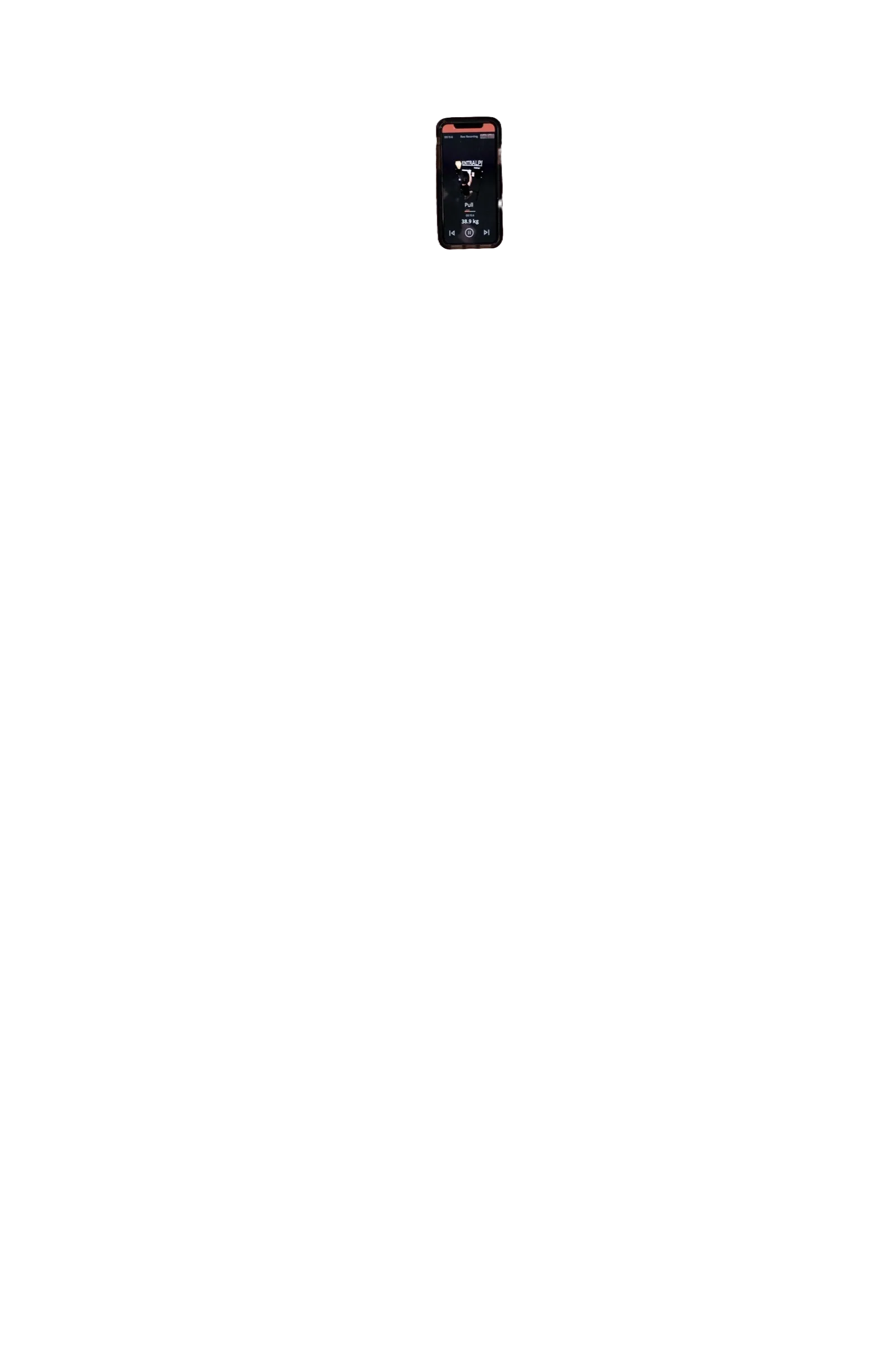 Phone running the Entralpi app between the hangboards