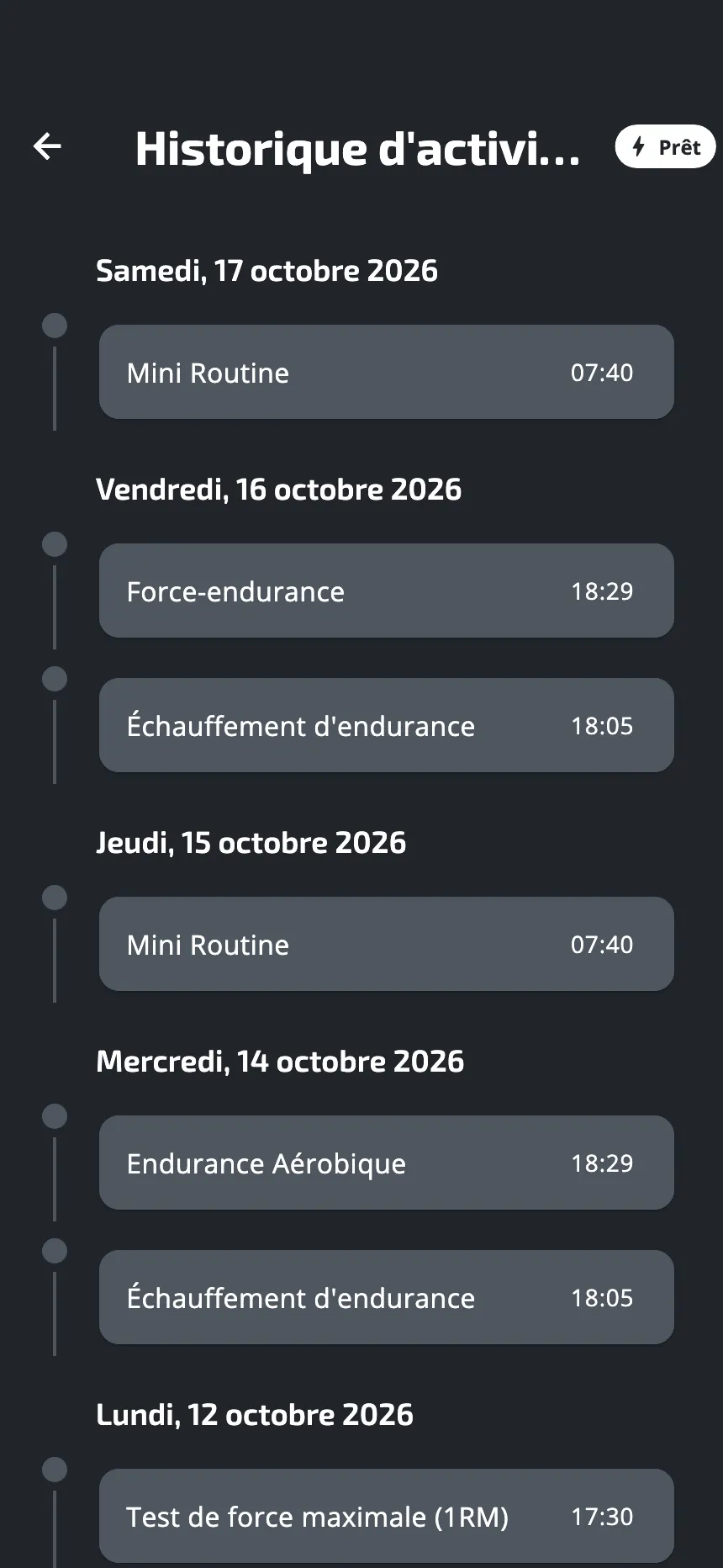 L'historique d'activités, où chaque séance terminée est listée par jour