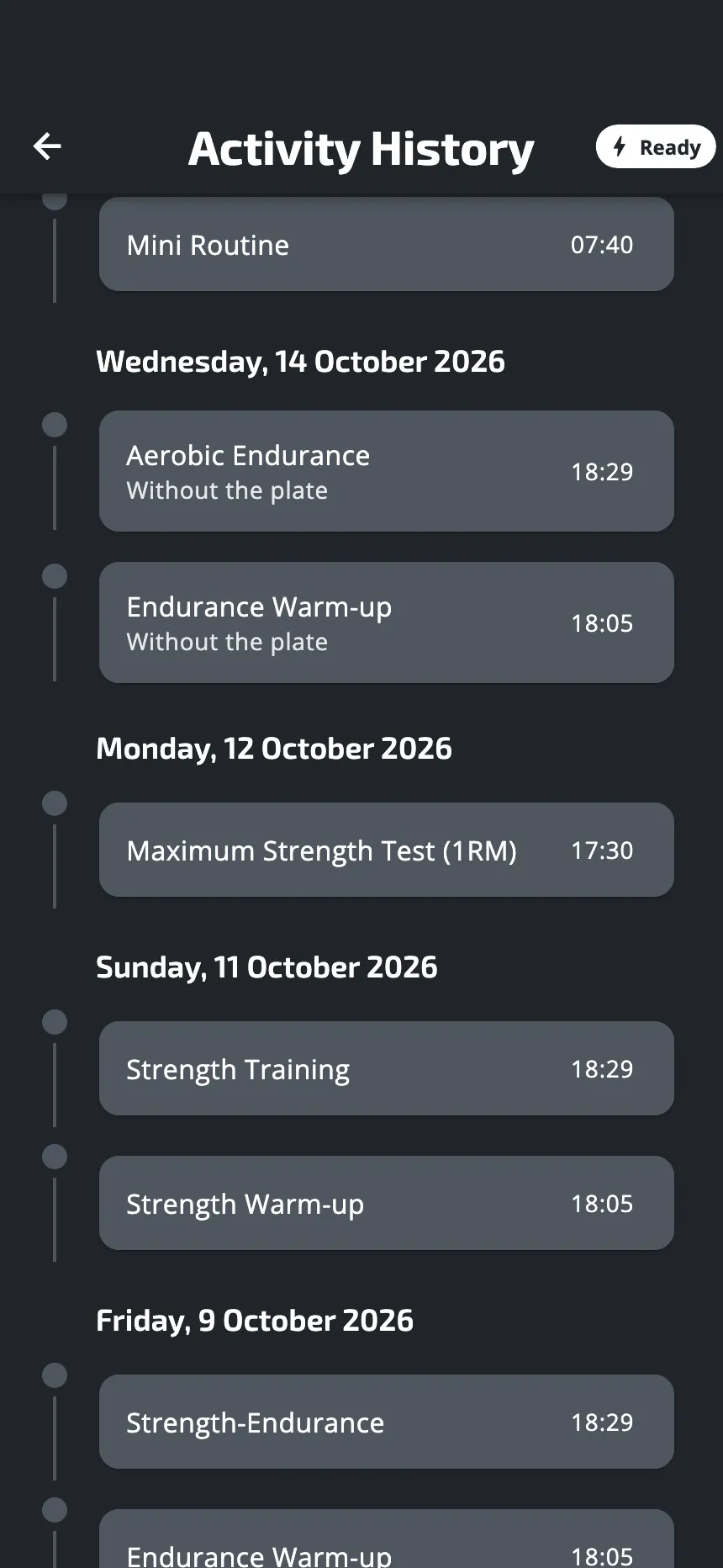 Activity History: two sessions of one day carry the line Without the plate under their name