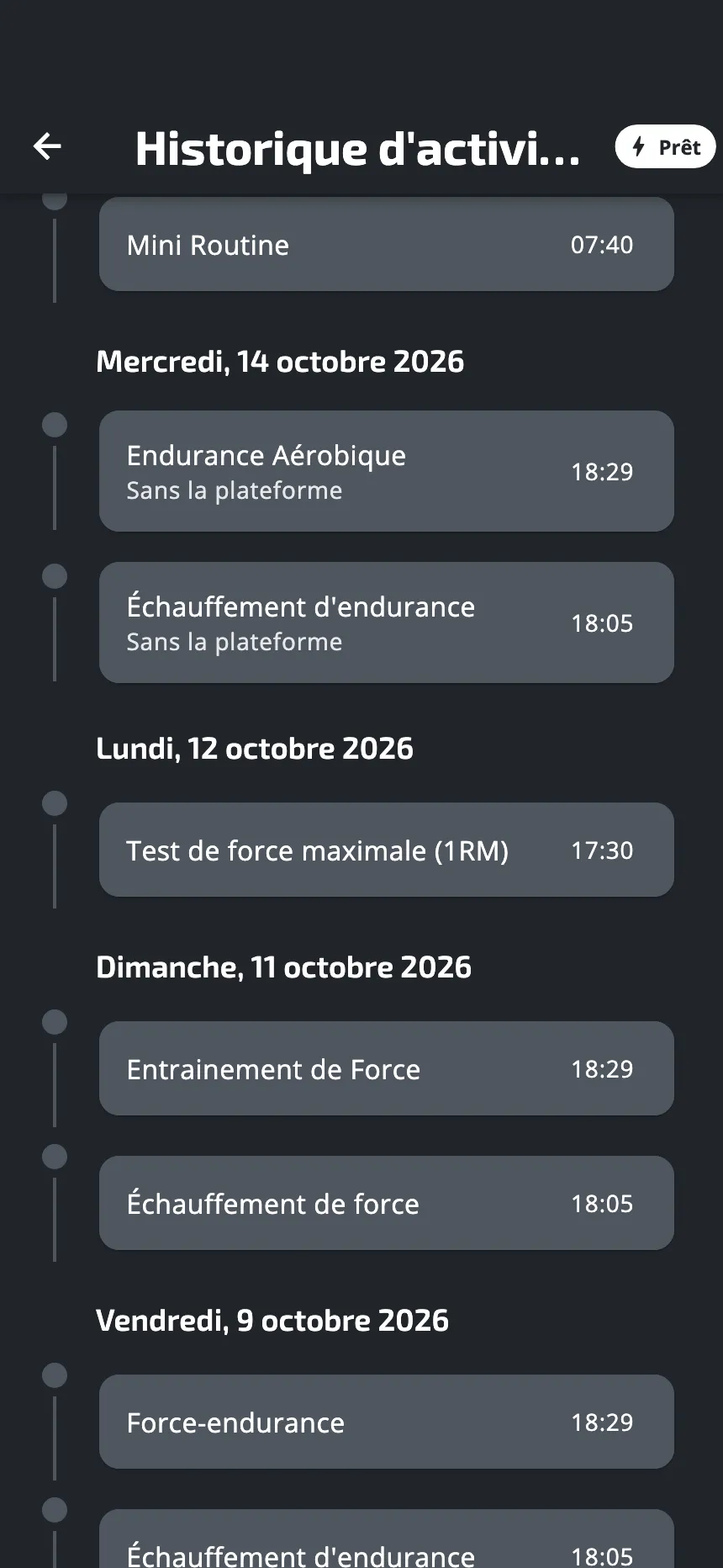 Historique d'activités : deux séances d'une même journée portent la ligne Sans la plateforme sous leur nom