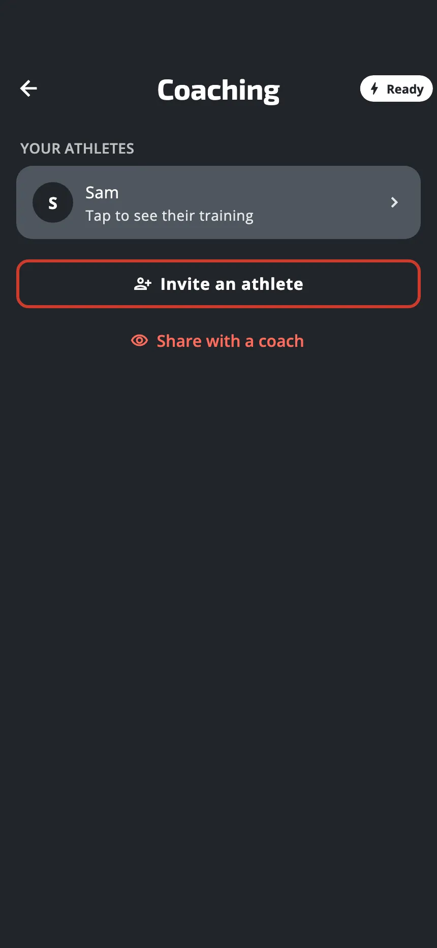 The Coaching screen of a coach: one athlete in the list, the button Invite an athlete, and under it Share with a coach