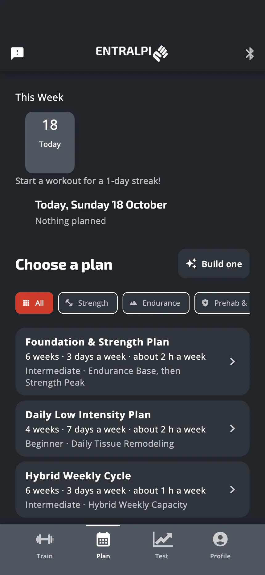 The Plan tab with no plan: the title Choose a plan, the button Build one, the buttons that filter by kind, and one card for each plan
