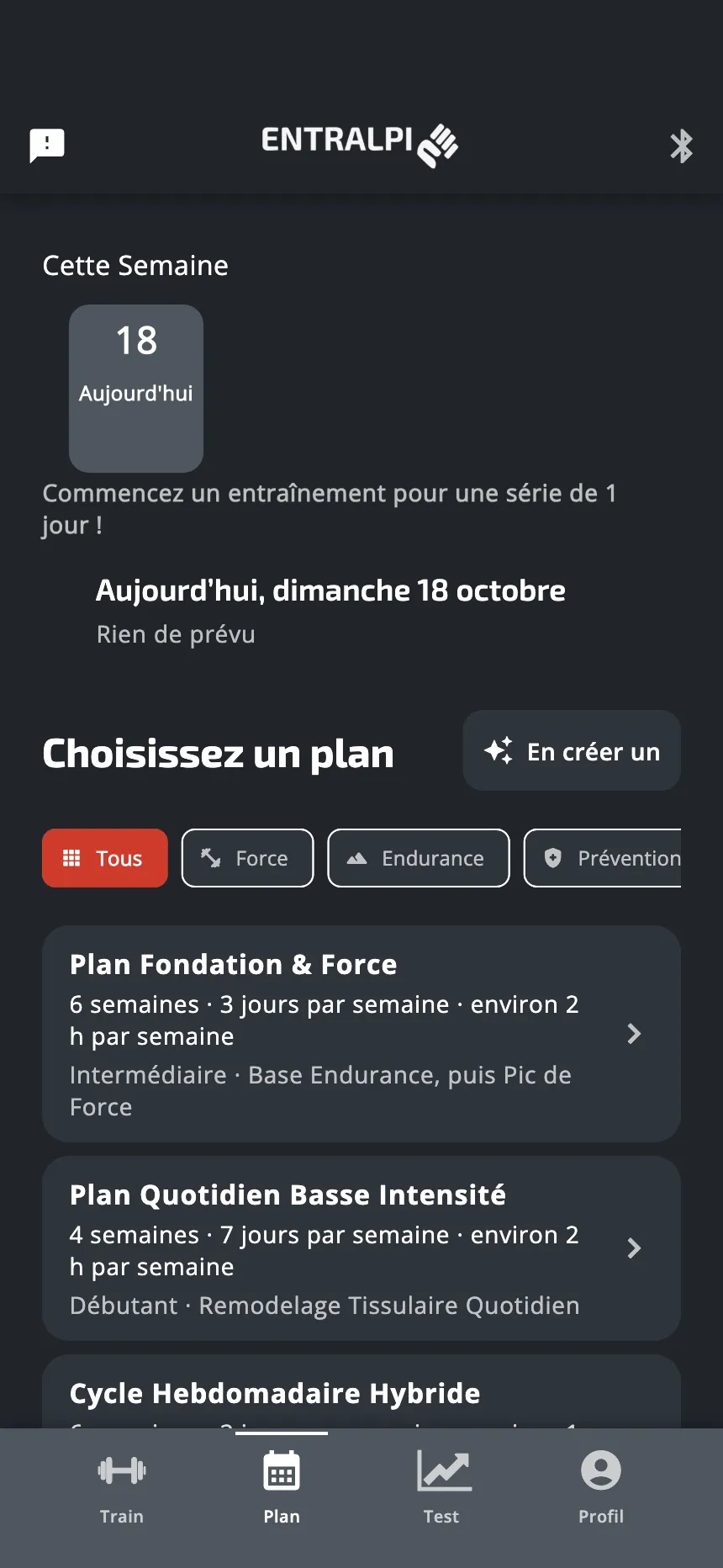 L'onglet Plan sans plan : le titre Choisissez un plan, le bouton En créer un, les boutons qui filtrent par type, et une carte pour chaque plan