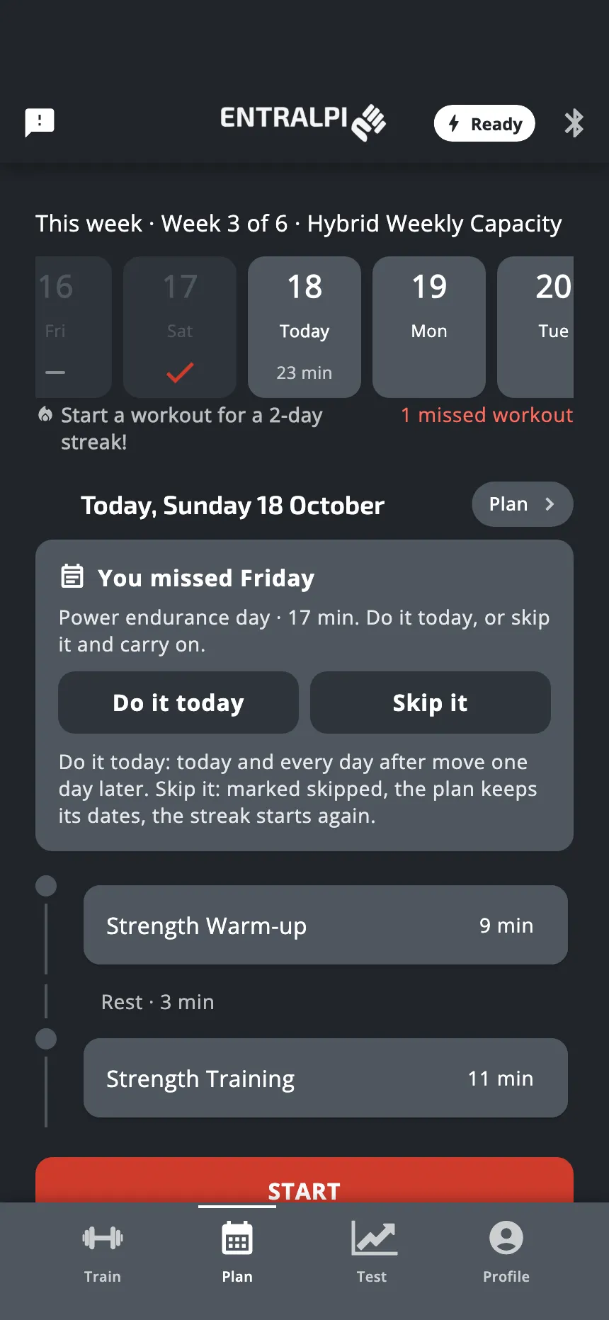 The Plan tab with a missed day: a dash on that day's tile, the count of missed workouts in red, and the notice with the two buttons Do it today and Skip it