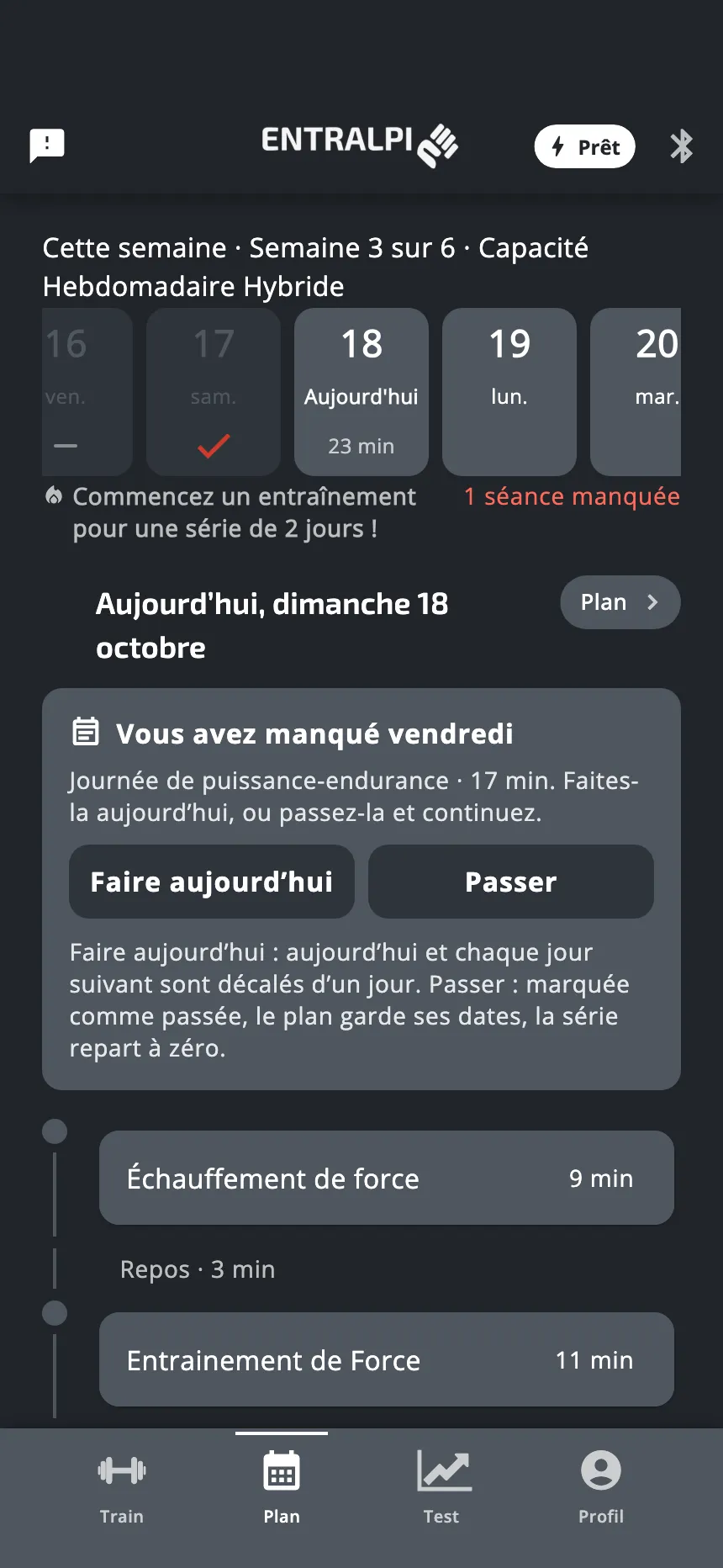 L'onglet Plan avec un jour manqué : un tiret sur la tuile de ce jour, le compte des séances manquées en rouge, et l'avis avec les deux boutons Faire aujourd'hui et Passer
