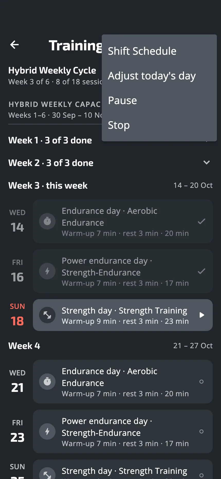 The whole plan, week by week, with its menu open: Shift Schedule, Adjust today's day, Pause and Stop
