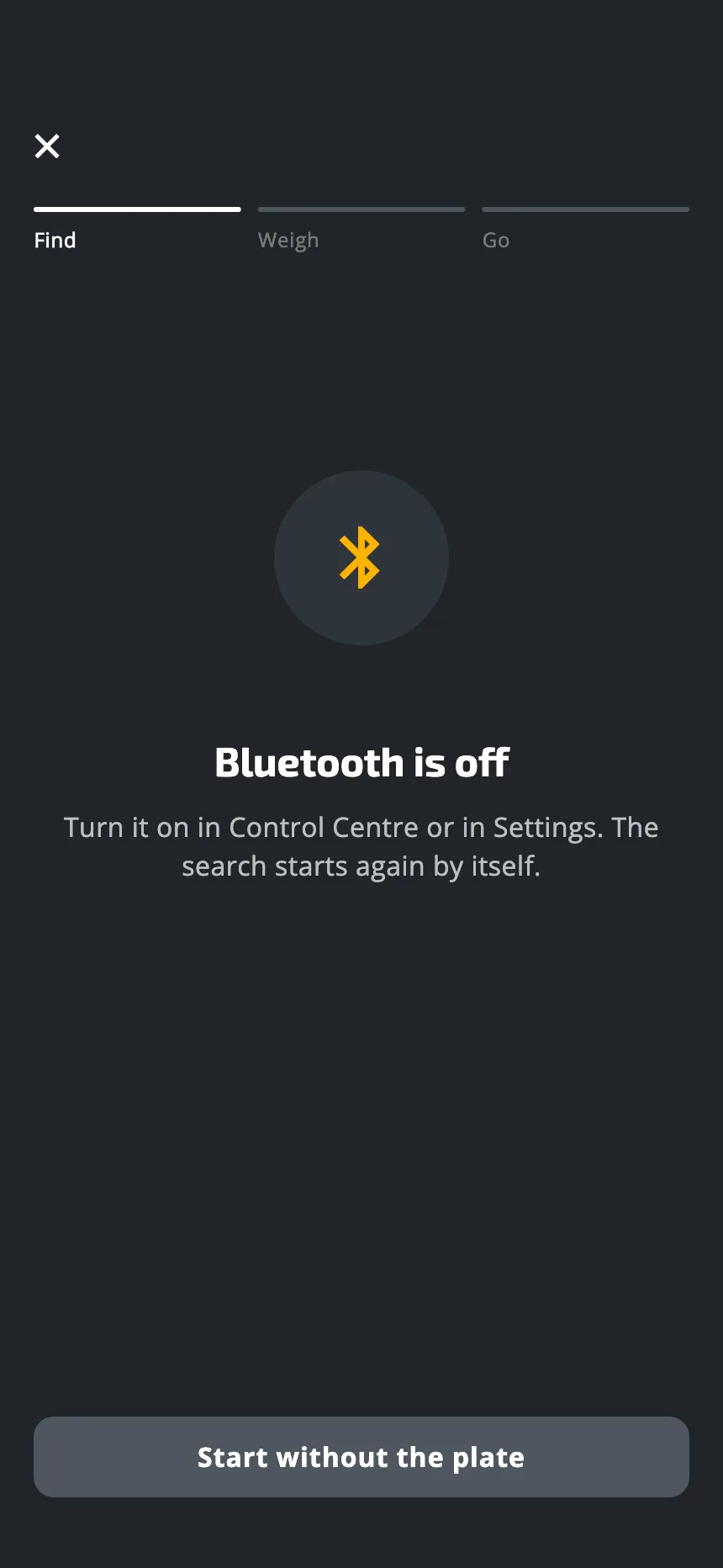 The app's screen when the phone's Bluetooth is off: Bluetooth is off