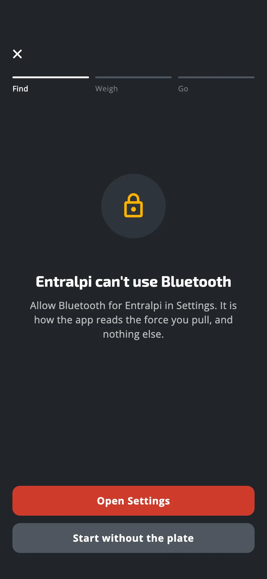 The app's screen when it was refused Bluetooth: Entralpi can't use Bluetooth