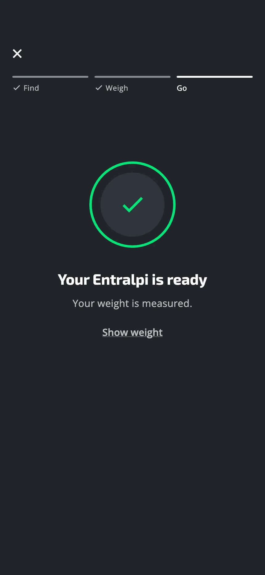 The app says the Entralpi is ready, with a green check mark