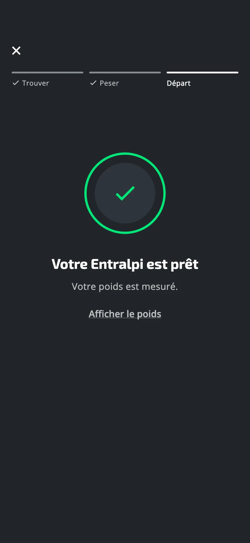 L'application indique que l'Entralpi est prêt, avec une coche verte