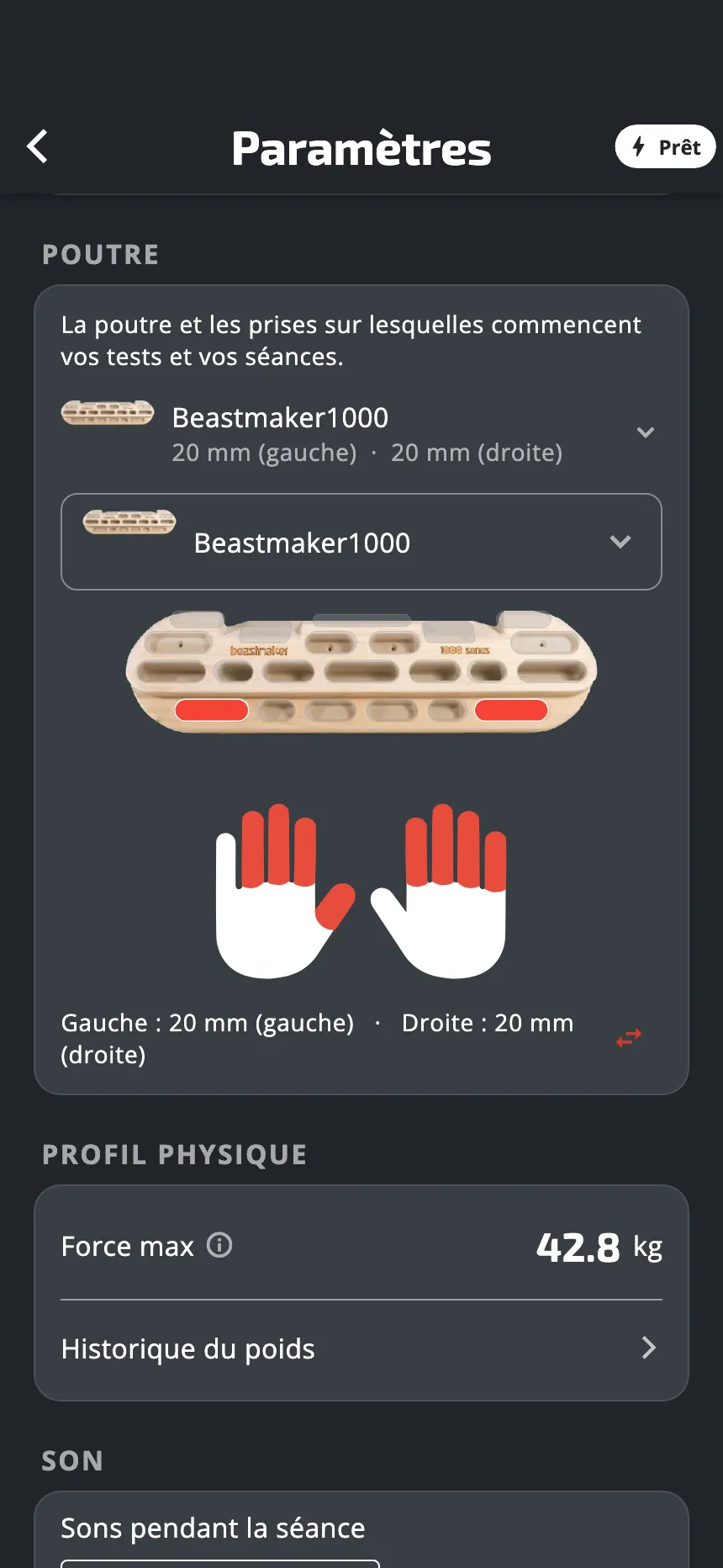 La partie Poutre des Paramètres : le nom de la poutre, son dessin avec deux réglettes marquées en rouge, les deux mains en dessous, et le bouton qui échange les mains