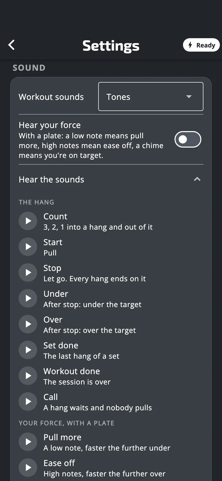 The Sound part of Settings: the row Workout sounds set to Tones, the switch Hear your force, and the open list of sounds with a round play button next to each one