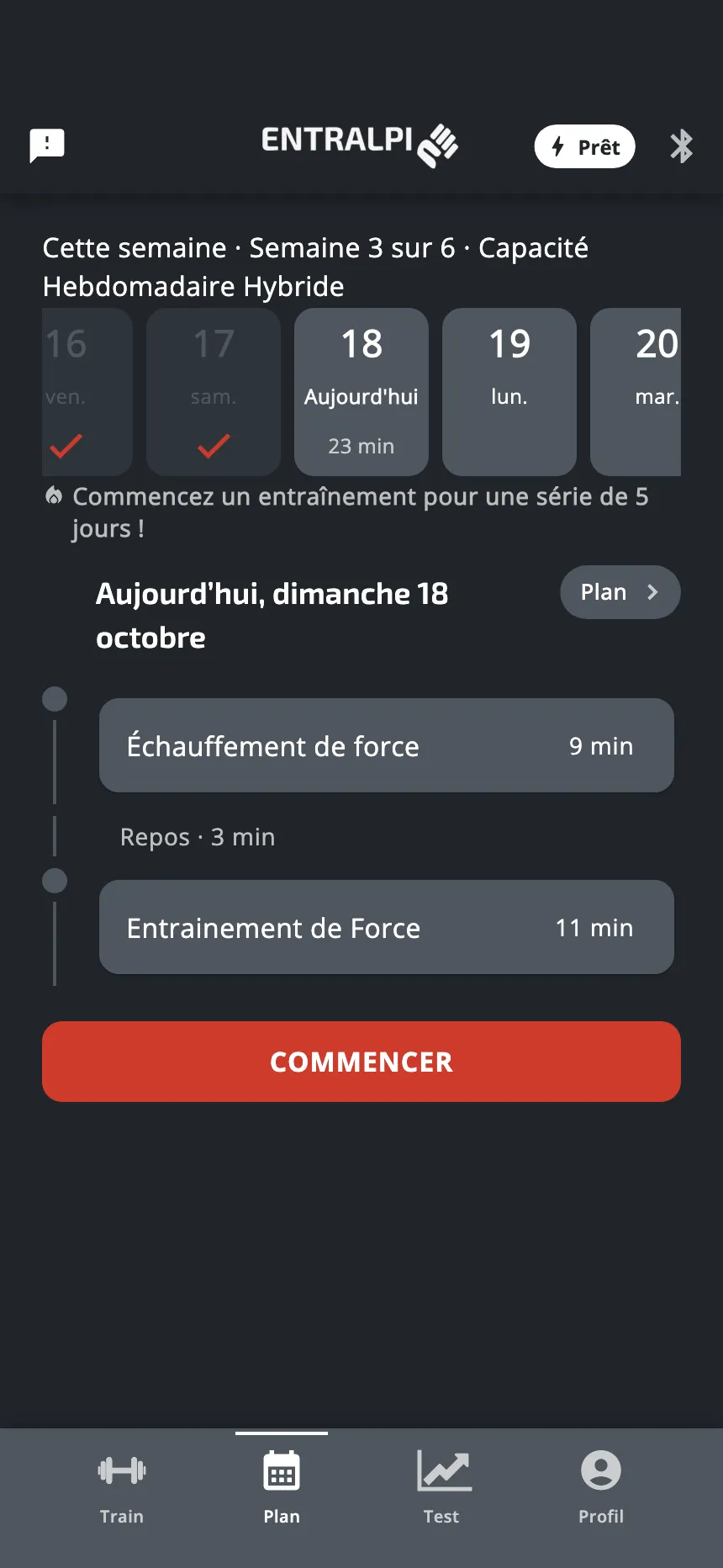 L'onglet Plan avec un plan en cours : la semaine en haut, puis les deux entraînements du jour avec un repos entre eux, et le bouton Commencer