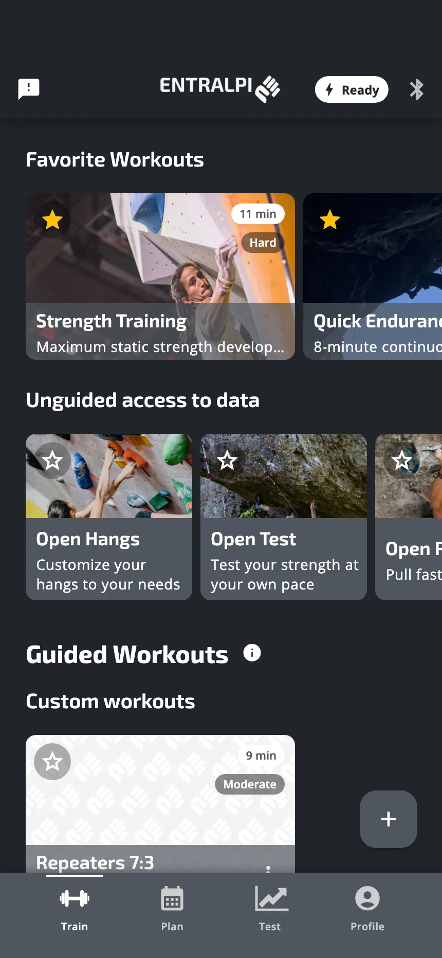 The Train tab: favourite workouts, the open sessions, then Custom workouts, with the plus button at the bottom right