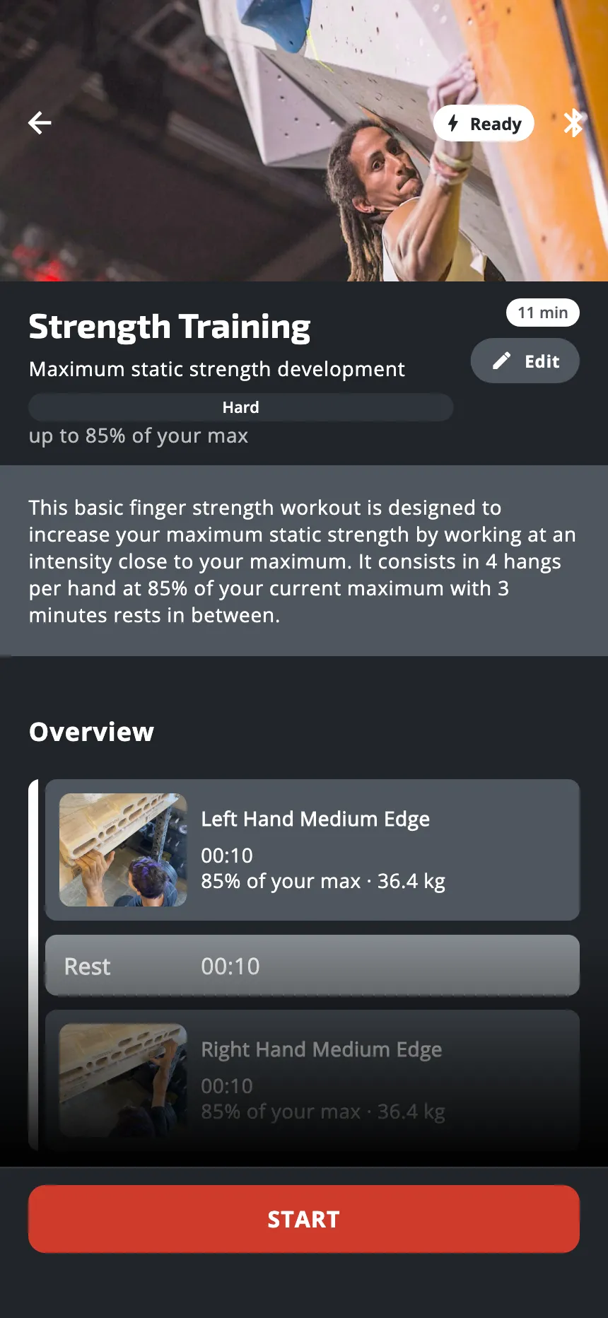 A workout's page: its name, its description, the list of hangs and rests, the Edit button and the Start button