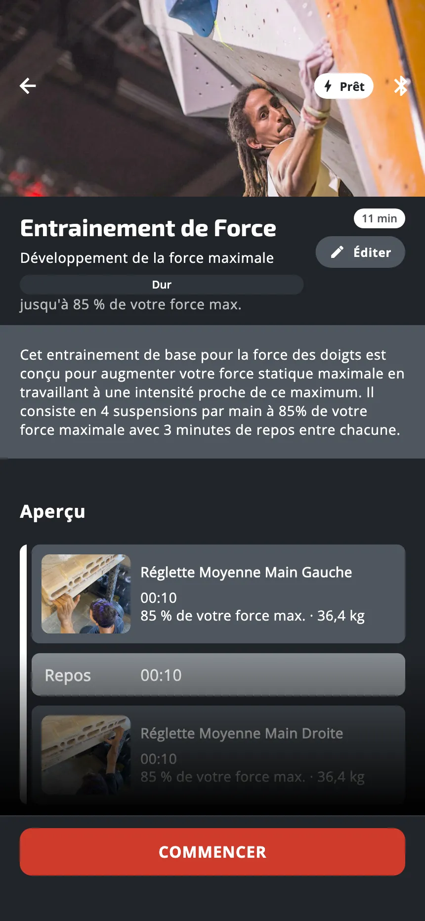 La page d'un entraînement : son nom, sa description, la liste des suspensions et des repos, le bouton Éditer et le bouton Commencer