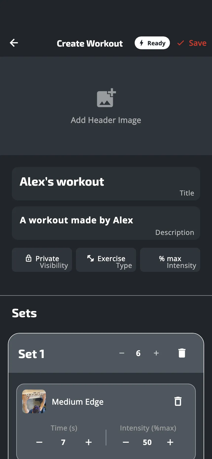 The editor of a new workout: its title and description, the three buttons Visibility, Type and Intensity, and under Sets the first set with its hang