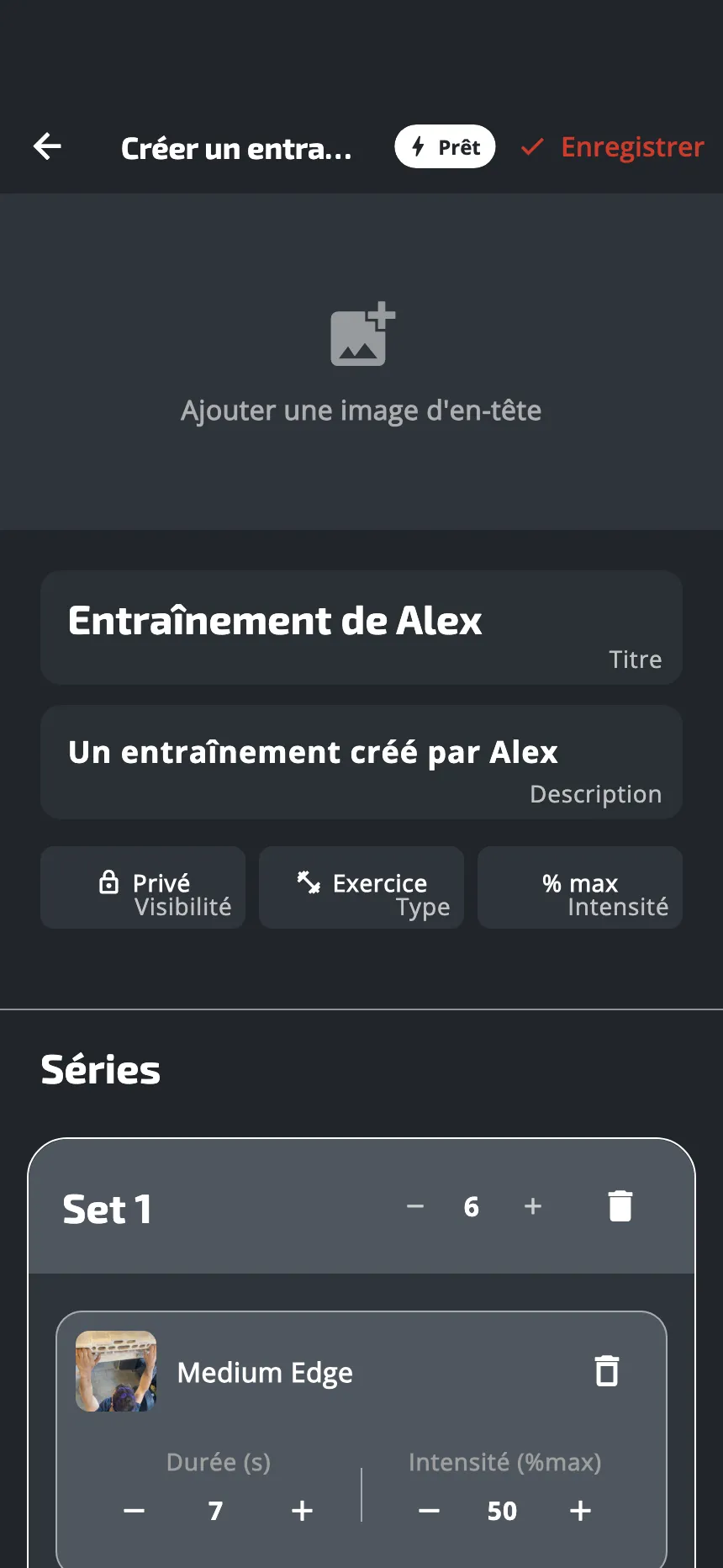 L'éditeur d'un nouvel entraînement : son titre et sa description, les trois boutons Visibilité, Type et Intensité, et sous Séries la première série avec sa suspension