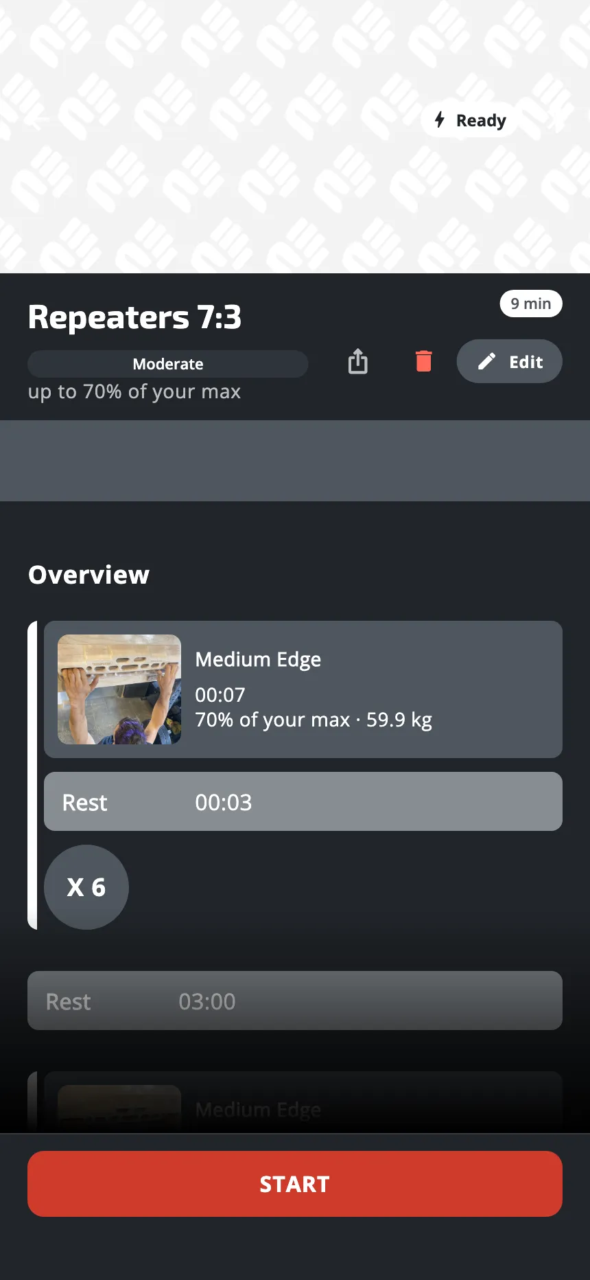 The page of one of your workouts: under its name, the share icon, the bin and the Edit button