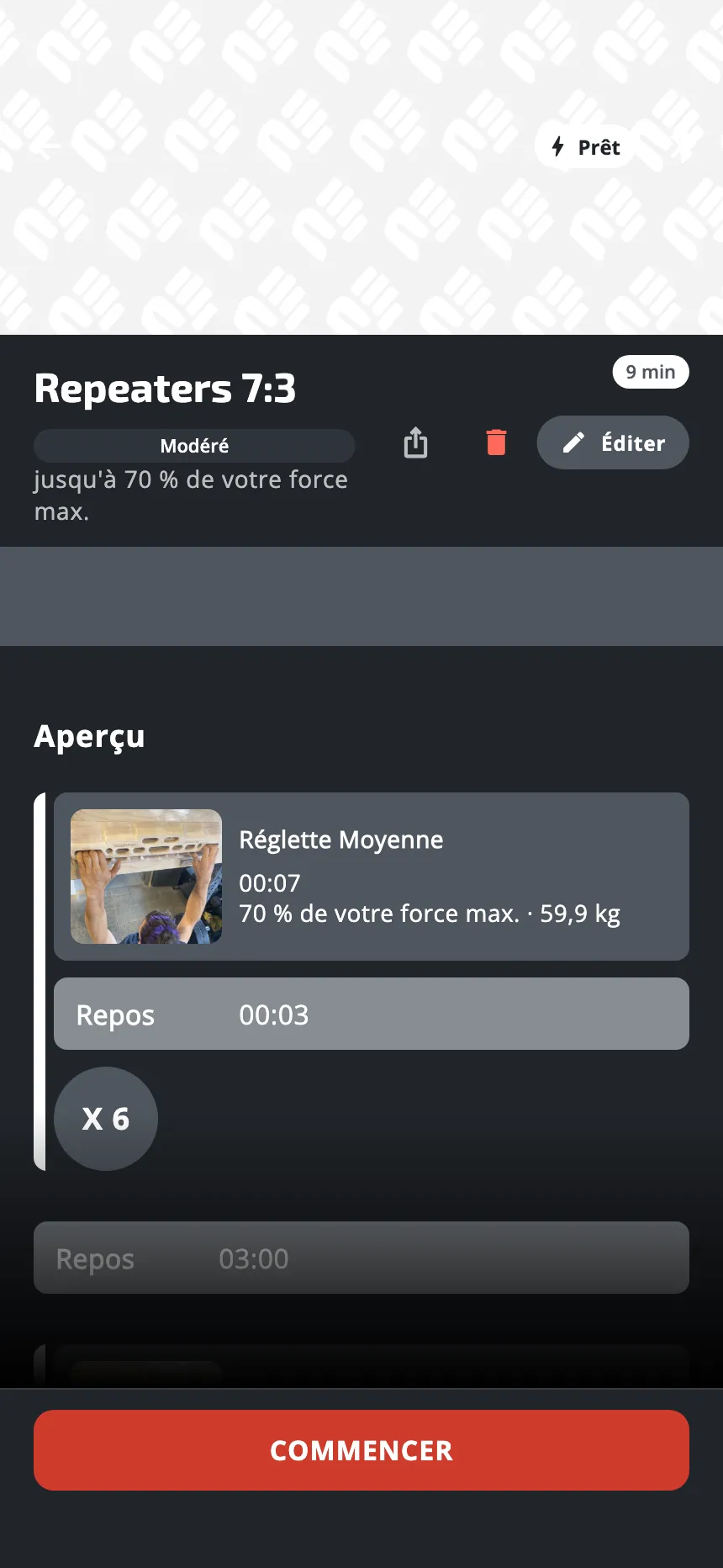 La page d'un de vos entraînements : sous son nom, l'icône de partage, la corbeille et le bouton Éditer
